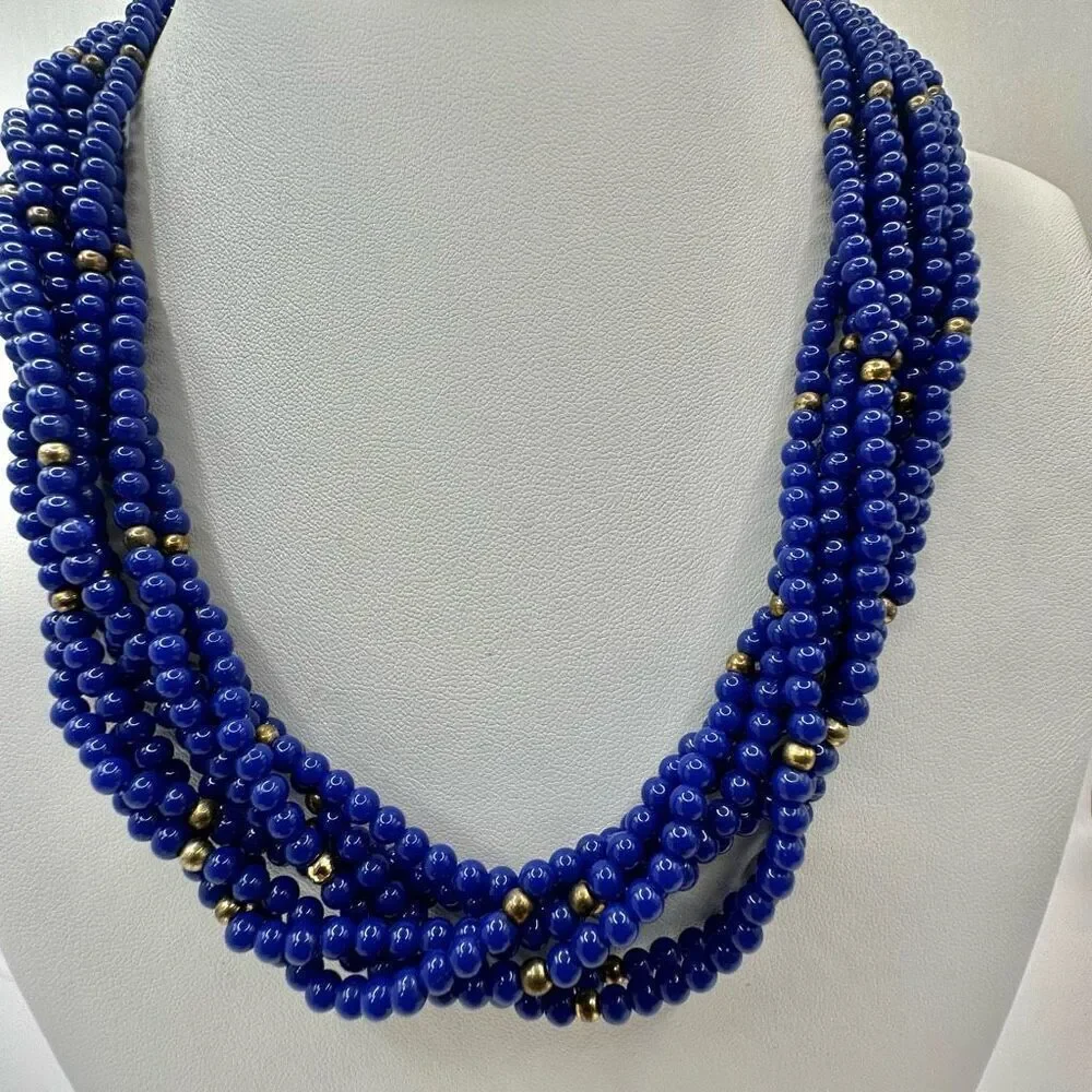 Blue and gold tone multi strand vintage necklace